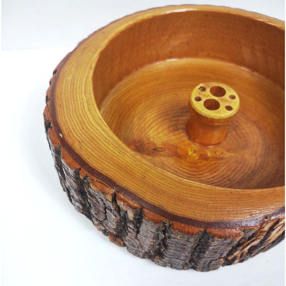 VTG Handcrafted Ellwood Live Bark Souvenir Wood Nut Bowl 8x7" Rusticware Cabin - Picture 5 of 8